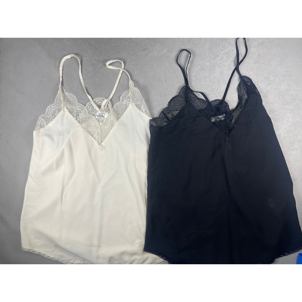 Risesun Womens XL Lace Trim Camisole Set 2pk Black Cream V-Neck Strappy Cami Top
